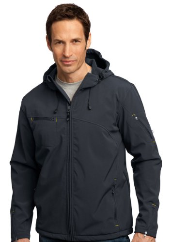 Port Authority Men's Textured Hooded SoftShell Jacket, Charcoal/Lemon Yellow, X-Small On Sale