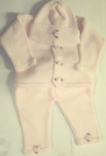 Cpk82bk, Knitted on Hand Knitting Machine Trimmed with Hand Crochet Infant Girls Baby Pink Cotton Cardigan Sweater Pant Hat Set Trimmed with Mini Rosebuds and Matching Blanket