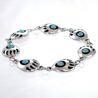 Southwestern Native American Handcrafted Bear Paw Link Bracelet in Sterling Silver and Turquoise, #11315