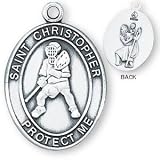 Sterling Silver Saint Christopher Mens-Boys Lacrosse Medal and 24-inch Chain