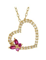 Sterling Silver Gold Plated Heart Shape Pendant With Created Pink Ruby & CZ 18"