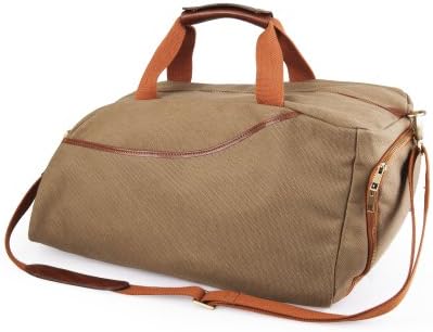 Casual Canvas and Leather Gym Duffel Bag with Shoe Pocket, Large, Khaki and Brown