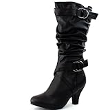 Women's Lala-02 Buckle Straps Low Heel Casual Trendy Round Toe Cowboy Mid Calf Knee High Boots Fashion Slouch Dress Comfortable Stylish Shoes,Auto-2 Black Pu 6