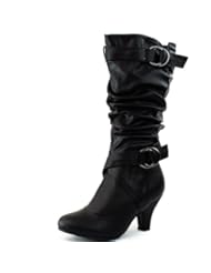 Shoes: Womens Mid Calf Buckle Strap Pu Leather Comfortable Kitten Heel Knee High Boots Fashion Shoes,6.5 B(M) US,Black PU-