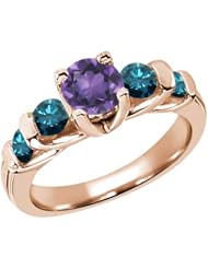 1.63 Ct Round Purple Amethyst Blue Diamond 18K Rose Gold Ring