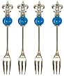 Decorative Fleur De Lis Cocktail Fork Set of Four with Aqua Blue Glass Bead