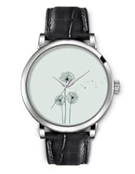 SPRAWL Aanalog Fashion Series Silver Ladies Watches of Genuine Black Leather Strap,Unique Wrist Watch for Women Girls Designed with Dandelions