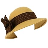 100% Wool Winter Structured Cloche Bucket Floppy Church Big Ribbon Hat Camel Brown