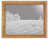 Lighthouse Art Etching in Framed Wall Mirror, Solid Oak Frame, Hand-Rubbed Finish, 10 x 12 inches