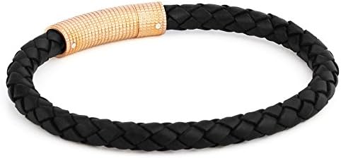 Braided Leather Bracelet Mens Womens with Rose Gold-tone Locking Stainless Steel Clasp, Black Brown (Black Rose Gold 7 7/8")