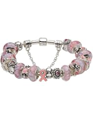 Pandora style pink ribbon charms murano glass beads beaded silver plated bracelet gifts jewelry for Breast Cancer Awareness