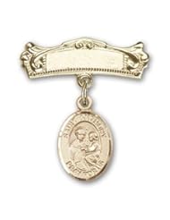 14K Gold Baby Badge with St. Anthony of Padua Charm and Arched Polished Badge Pin