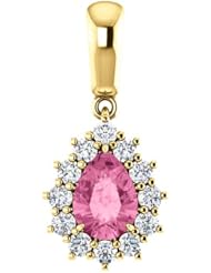 18K Yellow Gold 7.00x5.00mm Pear Cut Chatham Created Pink Sapphire and Diamond Pendant -- LIFETIME WARRANTY