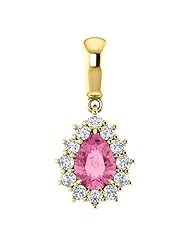 14K Yellow Gold 7.00x5.00mm Pear Cut Chatham Created Pink Sapphire and Diamond Pendant -- LIFETIME WARRANTY