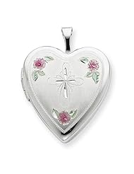Sterling Silver 20mm Enameled with Cross Design Heart Locket 18" Necklace