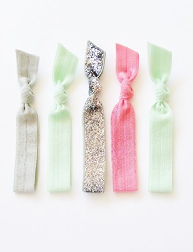 5 Elastic Ribbon Hair Ties, the Glitter Mint Set By Lucky Girl Hair Ties Brand