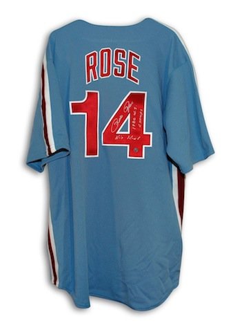 Pete Rose Signed Philadelphia Phillies Blue Majestic Jersey - 80 WS Champs, Hit King