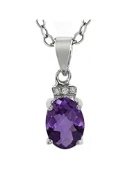 1.30 Ct Sterling Silver Oval Checkerboard Amethyst Pendant With Diamond Accent