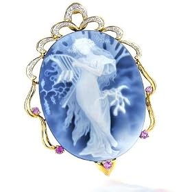 14K Yellow Gold Pink Sapphire, Agate Cameo and Diamond Pin Pendant by Netaya
