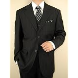 Italian Two Button Vested 3 Piece Mens Suits Merino Wool Business Suit for Year Round USE Black Stripe
