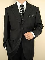 Italian Two Button Vested 3 Piece Mens Suits Merino Wool Business Suit for Year Round USE Black Stripe