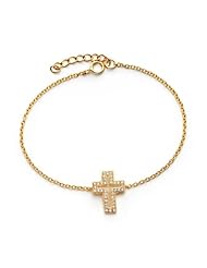 18K Yellow Gold Plated Sterling Silver High Polish Cubic Zirconia CZ Open Cross Charm Bracelet with 7"-8" Adjustable Link