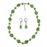 Necklace - Earrings Set - N492 - Murano & Glass Beads + Matching Earrings ~ Green Twists and Cubes
