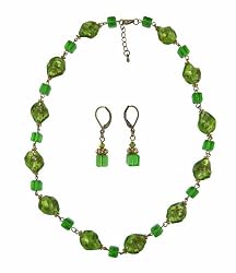 Necklace - Earrings Set - N492 - Murano & Glass Beads + Matching Earrings ~ Green Twists and Cubes