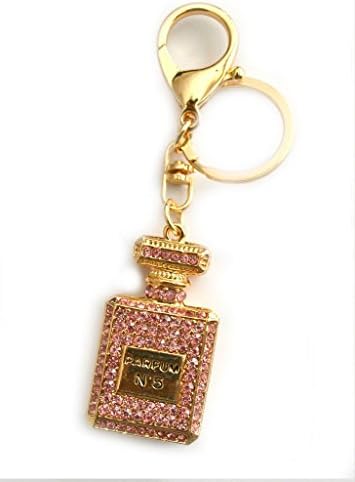 Gold Pink Jeweled Rhinestone Perfume Bottle Charm Pendant Key Chain Ring Gift Stocking Stuffer