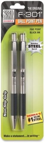 Zebra® F-301 Stainless Steel Retractable Ballpoint Pens, Fine Point, 0.7 mm, Black Ink, Pack Of 2