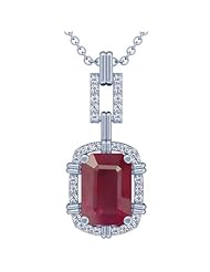 18K White Gold Emerald Cut Ruby And Round Diamond Pendant