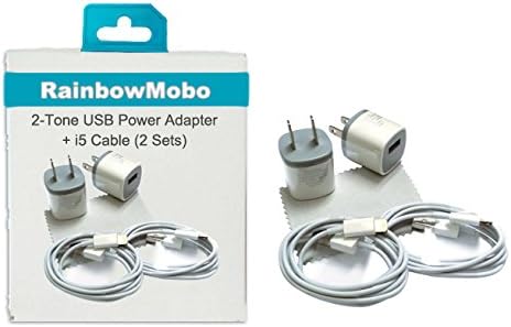 RainbowMOBO (TM) 2 Pack Charging Set incldues 2 x AC Power Travel Wall Adapter + 2 x 3 Feet 8-pin to USB 2.0 Charging + Data Sync Cable Cord for iPhone 5 / 5S / 5C / iPad 4 & mini & iPod Touch 7th (Rainbow White)
