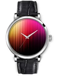 SPRAWL Aanalog Fashion Series Silver Ladies Watches of Genuine Black Leather Strap,Unique Wrist Watch for Women Girls Designed with Colorful vertical bars