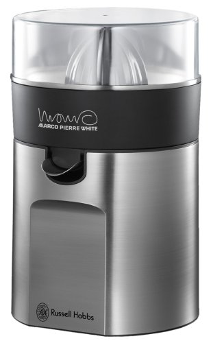 Marco Pierre White by Russell Hobbs 14067 Citrus Juicer in brushed aluminium with drip free spout and interchangeable cones for different size fruit