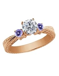 1.24 Ct Round H/I Diamond Blue Tanzanite 14K Rose Gold 3-Stone Ring