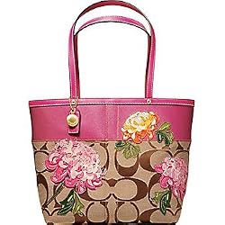 Coach Signature Stripe Floral Bag Tote 12204 Pink