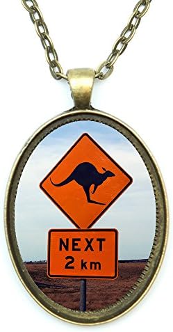 Kangaroo Crossing Australian Road Sign Animal Aura Antique Bronze Gold Pendant with Chain Necklace