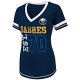 NHL Women's Buffalo Sabres Bling Beauty Short Sleeve V-Neck Boyfriend Tee (Athletic Navy Heather/White, Small)