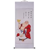 Hand-Painted 69" Oriental Wall Art Scroll - Prosperity Buddha With Beige Border