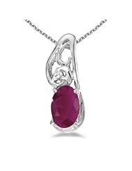 10k White Gold Oval Ruby And Diamond Pendant with 16" Chain