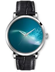 SPRAWL Aanalog Fashion Series Silver Ladies Watches of Genuine Black Leather Strap,Unique Wrist Watch for Women Girls Designed with Splatter on turquoise blue background