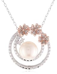 Pink Gold Plated Sterling Silver 8.5-9mm Freshwater Cultured Pearl and Diamond Pendant Necklace, (0.1 cttw, G-H Color, I2-I3 Clarity), 18"