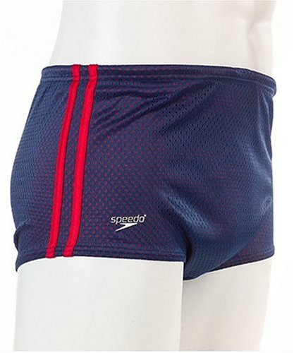 Speedo Men's Poly Mesh Square Leg Bathing Suit, Navy/Red, 40