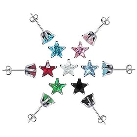 4 MM Star Cubic Zirconia Sterling Silver Back Post Stud Earrings Set of 7 Colors CZ