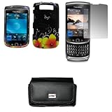 EMPIRE Black Leather Case Pouch with Belt Clip and Belt Loops + Carbon Fiber Purple with Yellow Flowers Design Snap-On Cover Case + Screen Protector for AT&T Blackberry Torch 9800