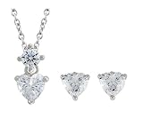 Platinum Plated Sterling Silver Round and Heart-Shaped Cubic Zirconia Drop Pendant and Heart-Shaped Stud Earrings Set