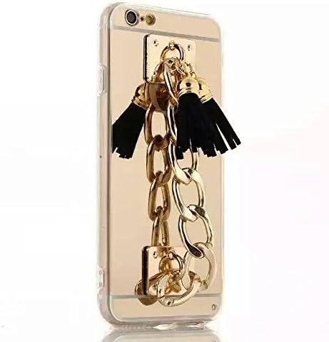 iPhone 6 Case, LliVEER Ribbon Bling Gold Chrome Plated Rigid with Chain Clutch Holder Tassel Case Pendant Tassels + PC Mirror Hard Back Case Cover For iPhone 6 6S 4.7inch Black