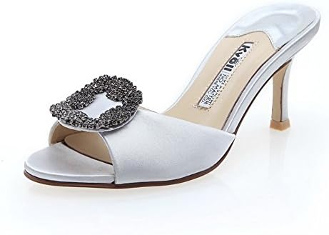 Kvoll Womens Open Toe High Heels Spikes Stilettos Satin Solid Slippers with Studded Rhinestones, White, 39