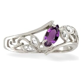 14K White Gold Genuine Marquise Amethyst and Diamond Filligree Ring by Jewels For Me