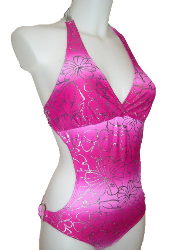 Womens Monokini 1 piece Swimsuit, Marina West, Bright Pink with Silver